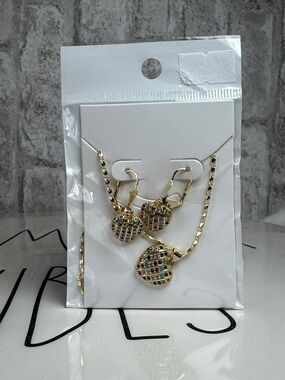 Gold-Tone Multicolor Heart Pendant Necklace & Earring Set